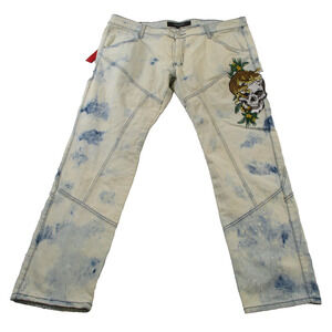 Reason Jeans Mens 44 Slim Acid Wash Mulberry Moto Skull Denim Embroidered 1422